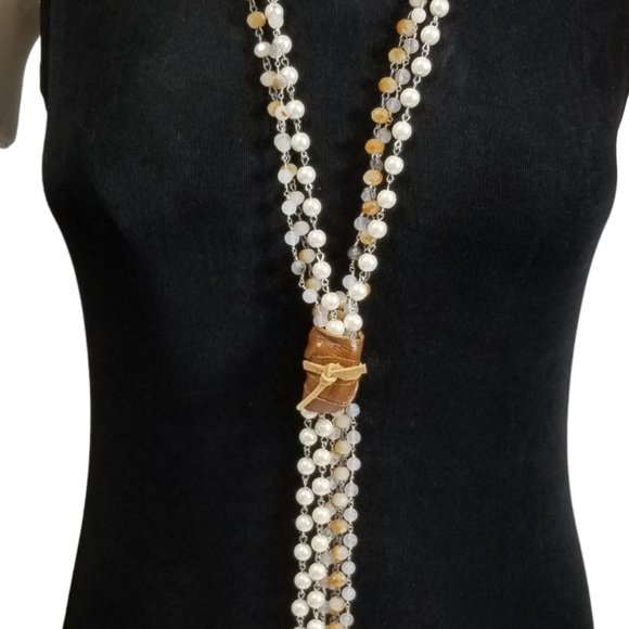 Long Pearl Stone Crystal Leather Necklace - Picture 3 of 3